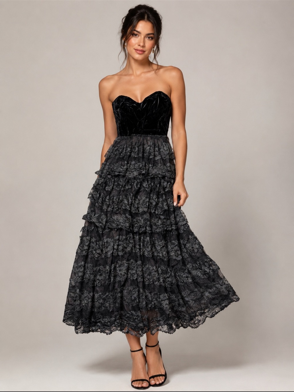 Vintage Ricki Lang for Nuit Imagine Black Velvet & Lace Tiered Dress Size 6